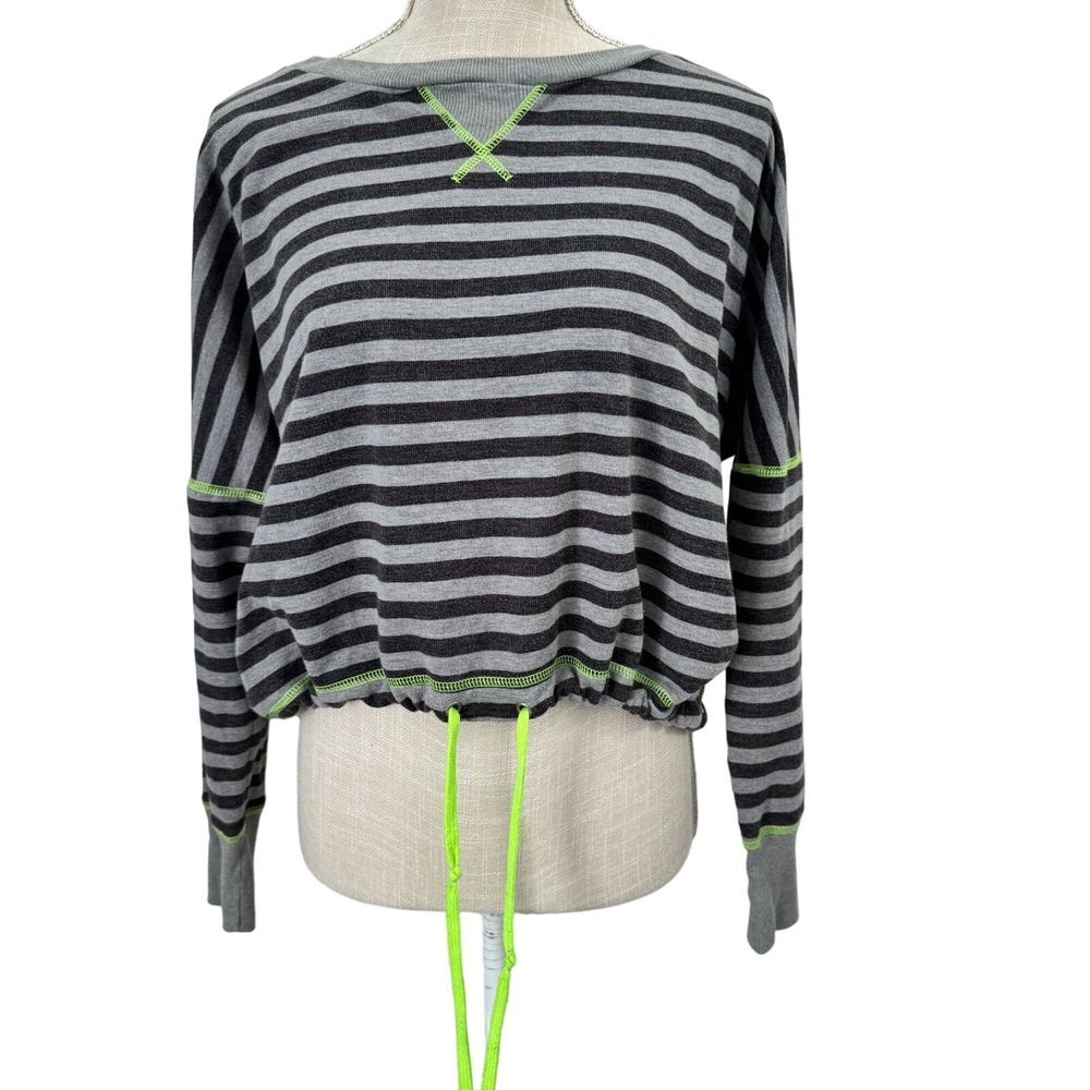 One Step Up Sweater Womens L Gray Black Striped Lime Green Drawstring Y2K - Picture 6 of 11